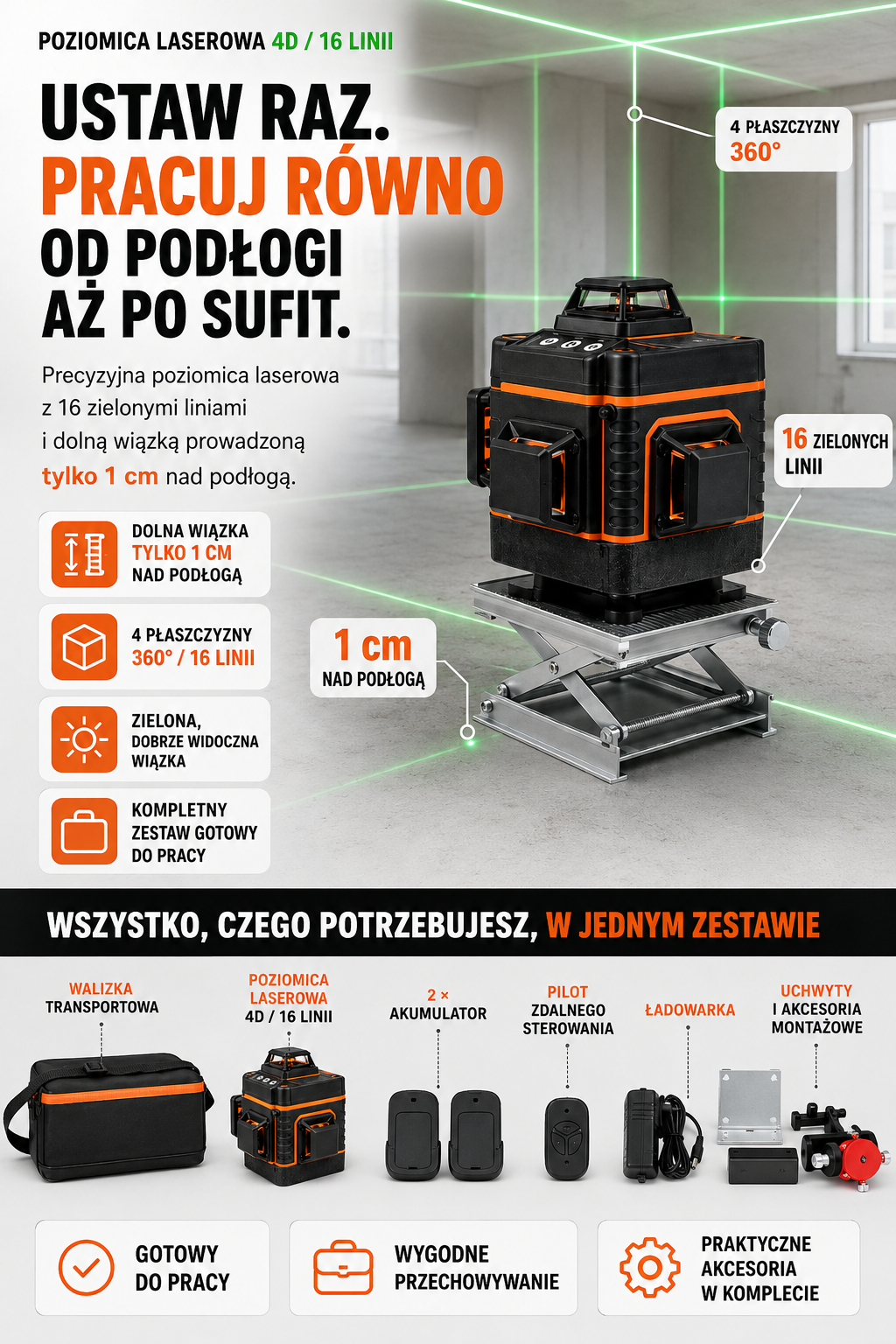 Poziomica laserowa 4D 16 linii z dolną wiązką 1 cm nad podłogą