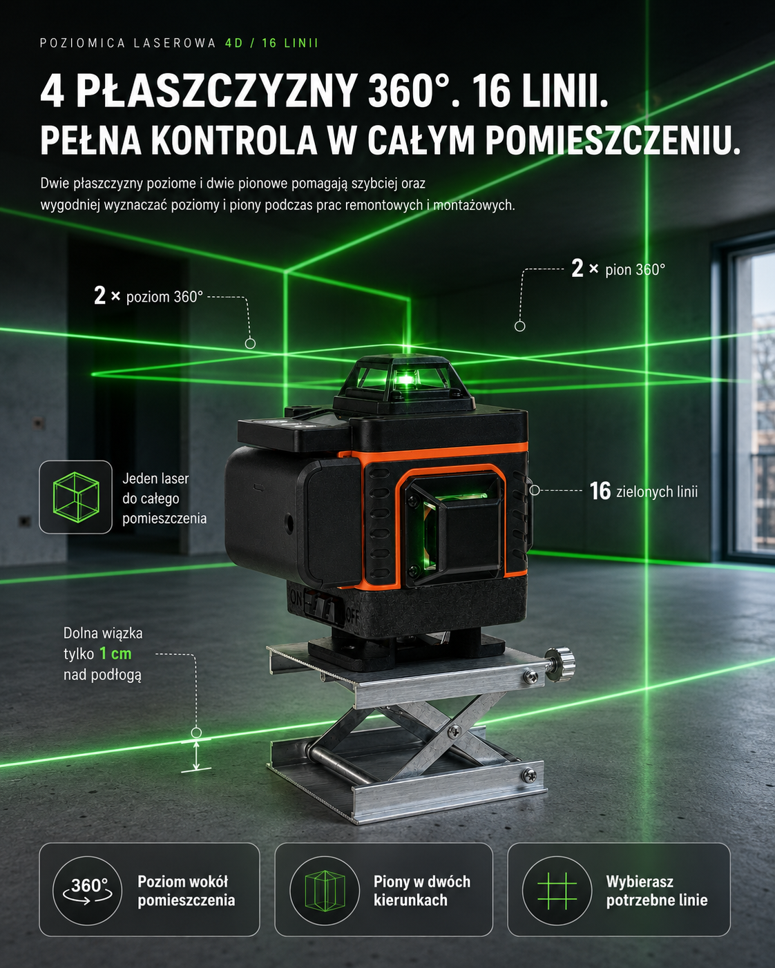 Poziomica laserowa 4D z czterema płaszczyznami 360 stopni i 16 zielonymi liniami