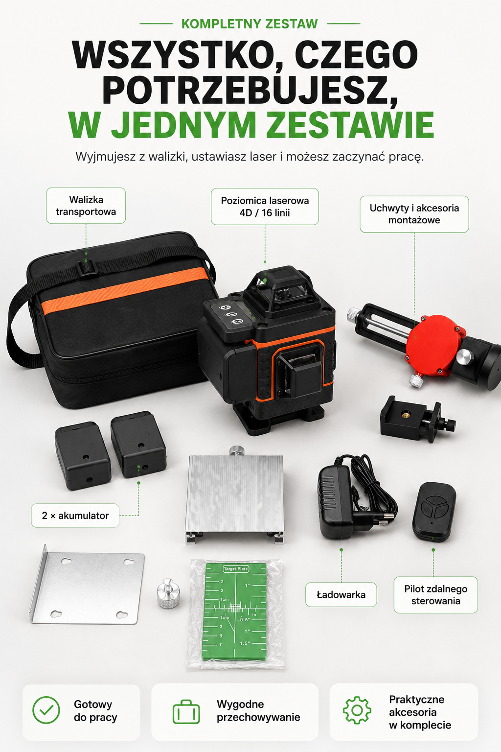 Kompletny zestaw poziomicy laserowej 4D 16 linii wraz z akcesoriami
